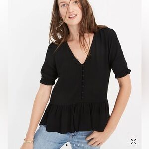 MADEWELL Courtyard Ruffle-Hem Top Black Button-Up Size Small